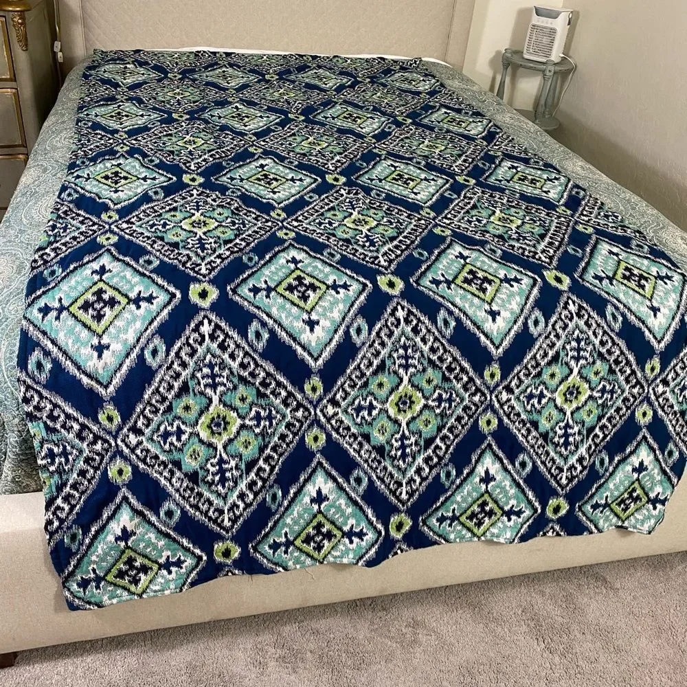 Luxurious Ikat pattern Designer Bed Runner Navy Teal Throw Blanket